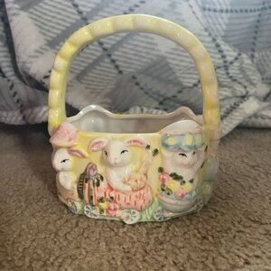 Hand-Painted Ceramic Easter Bunny Basket - Pastel Yellow & Pink